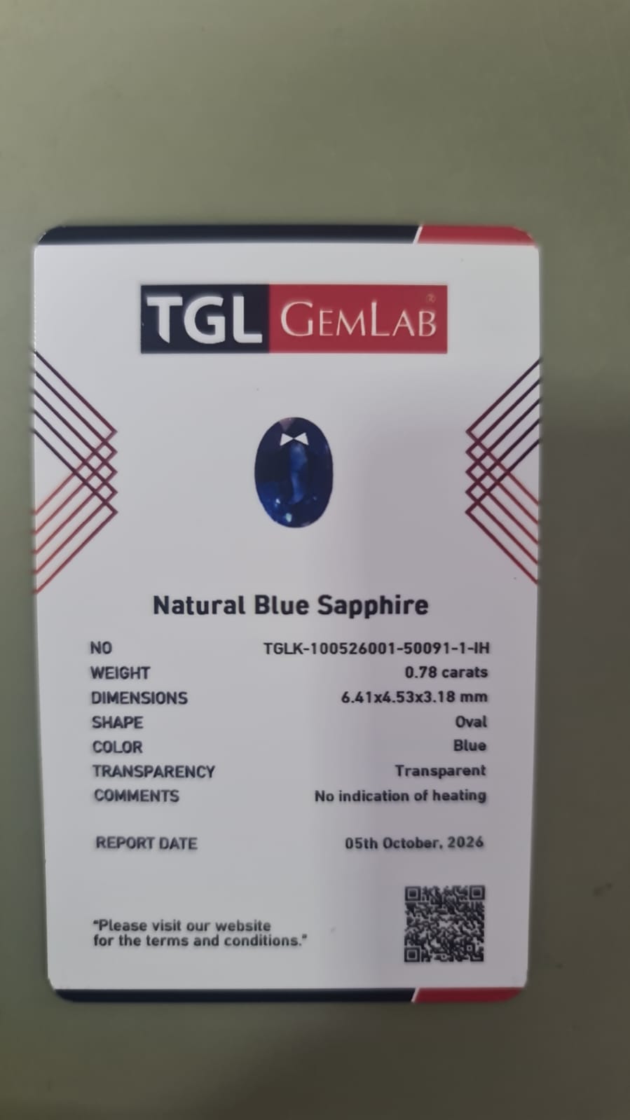 Supplied TGL GemLab report photograph for GS-000004,0.78ct; authenticity and stone match unverified