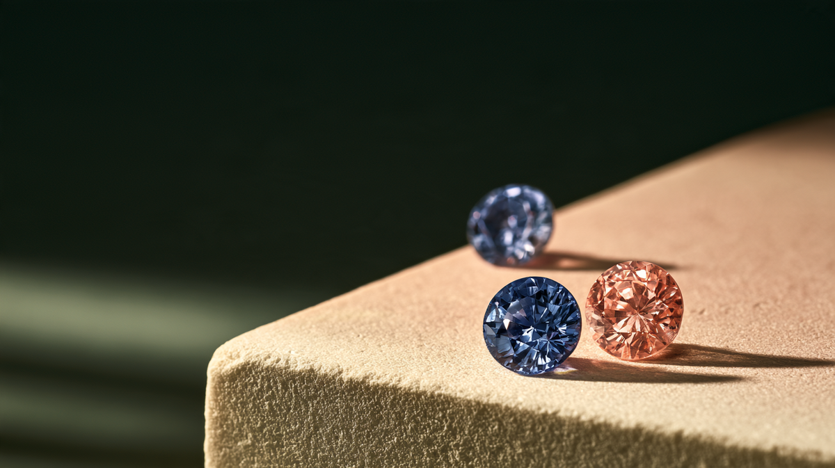Illustrative blue and peach gemstones on an ivory plinth against a dark green background