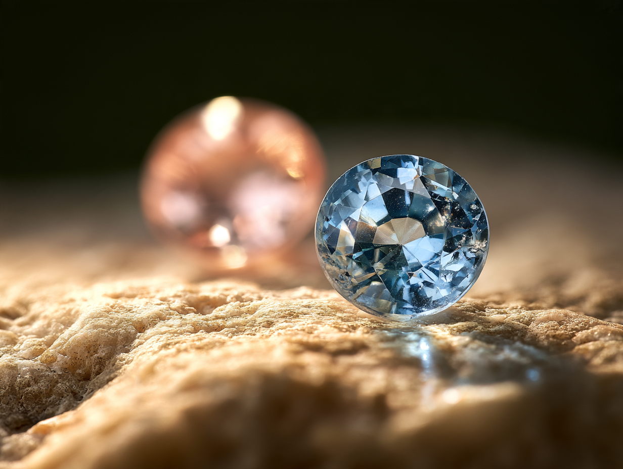 Illustrative close-up of a blue faceted gemstone with a peach gemstone softly out of focus